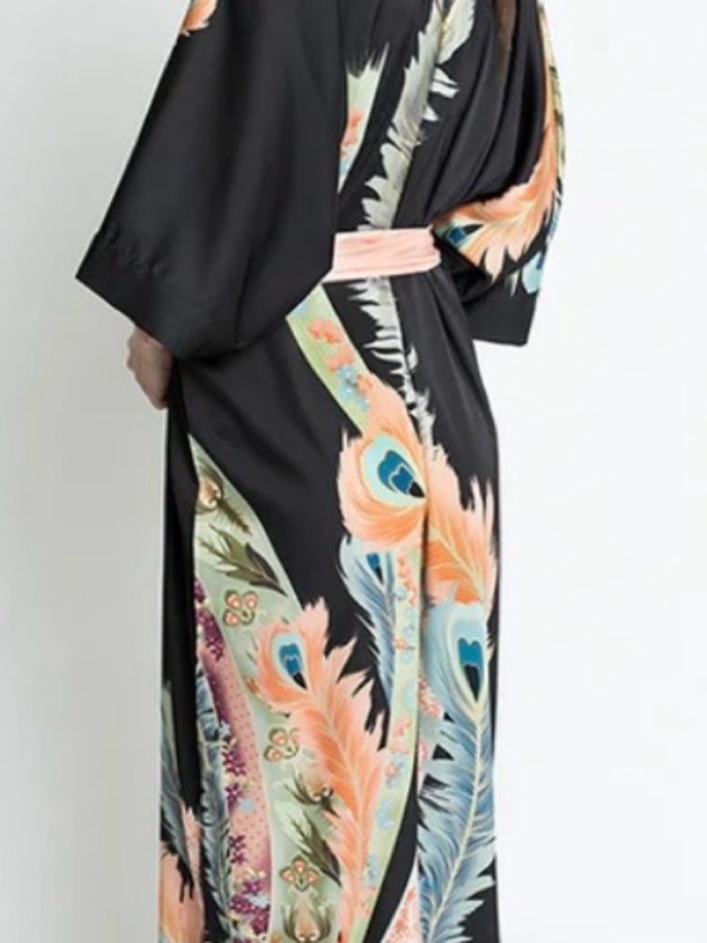 Black Satin Kimono Robe with Peach Peacock-Feather Motif luxury loungewear